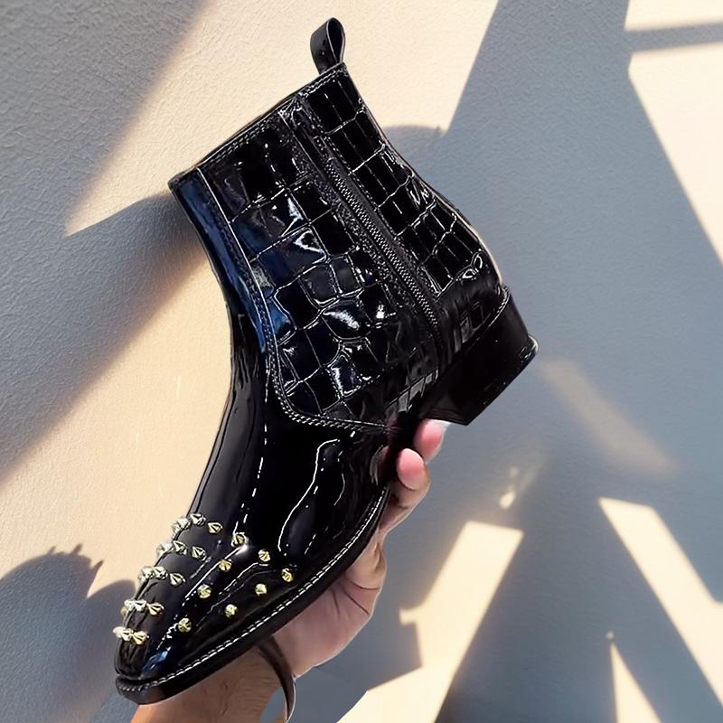 Punk Studded Patent Leather Men's Boots