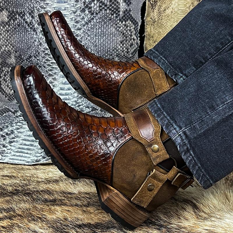 Vintage Patchwork Crocodile Print Men's Leather Boots