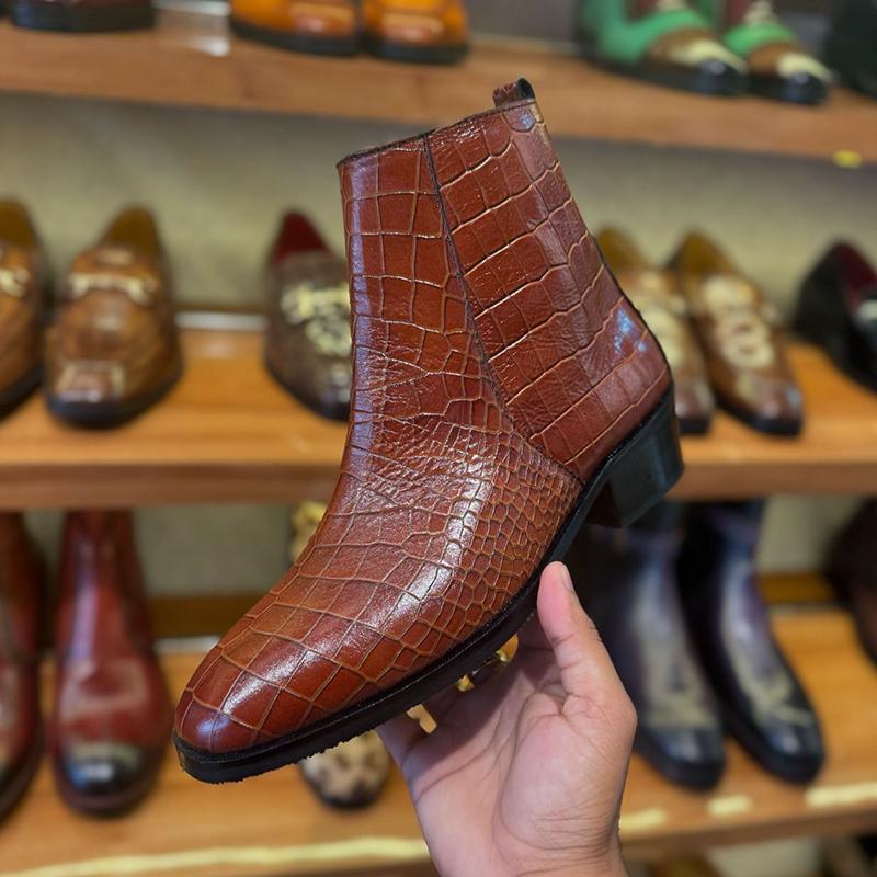 Crocodile Print Handmade Chelsea Leather Boots