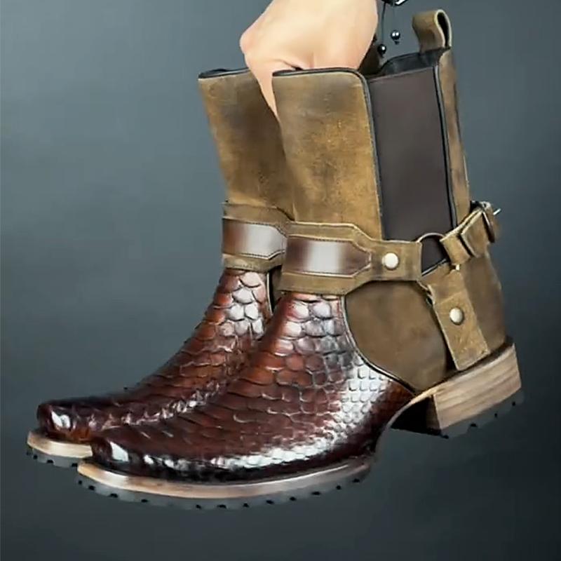 Vintage Patchwork Crocodile Print Men's Leather Boots