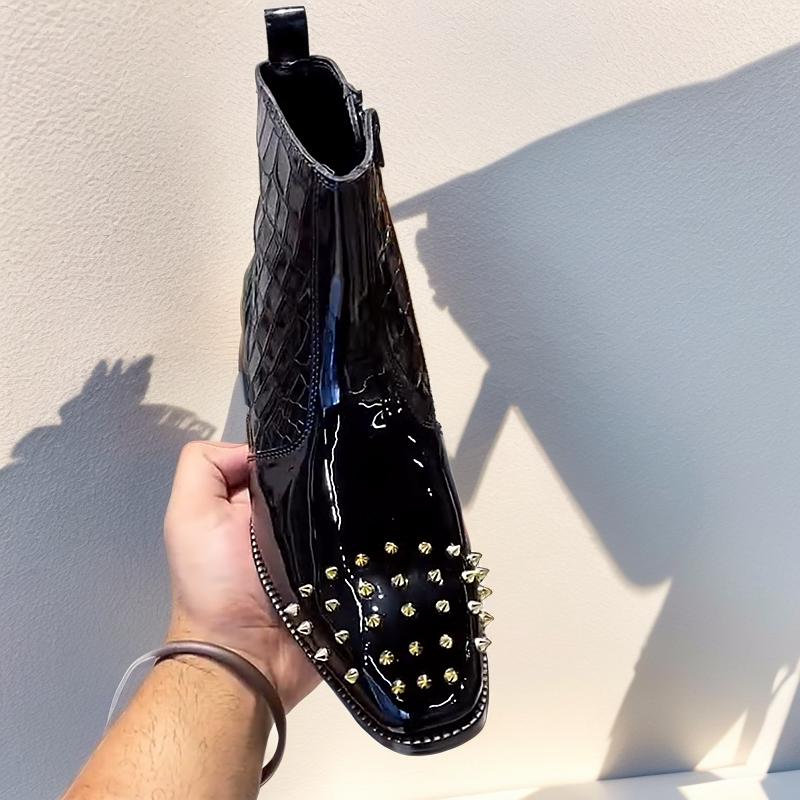 Punk Studded Patent Leather Men's Boots