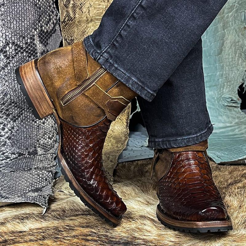 Vintage Patchwork Crocodile Print Men's Leather Boots