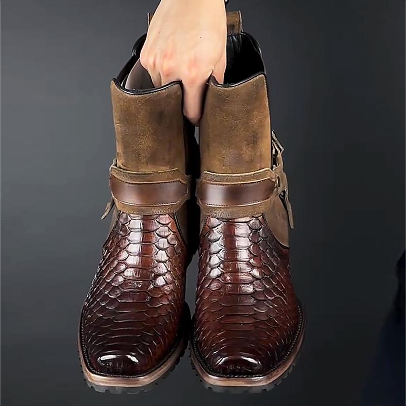 Vintage Patchwork Crocodile Print Men's Leather Boots