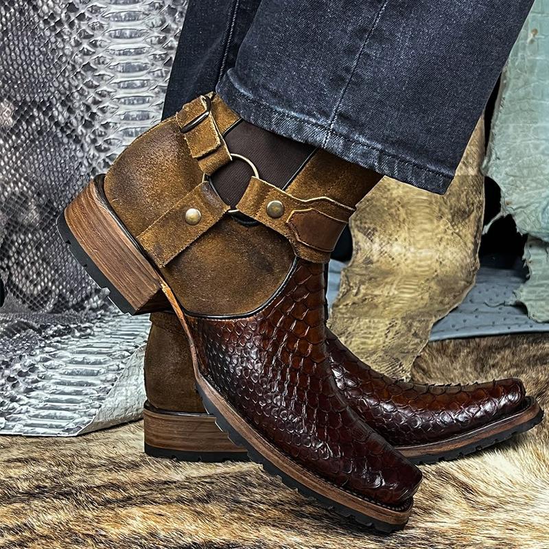 Vintage Patchwork Crocodile Print Men's Leather Boots