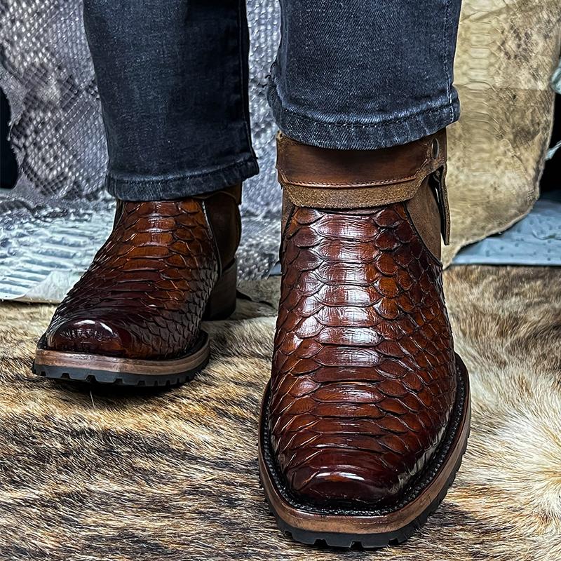 Vintage Patchwork Crocodile Print Men's Leather Boots