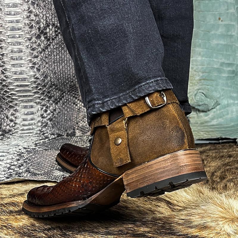 Vintage Patchwork Crocodile Print Men's Leather Boots