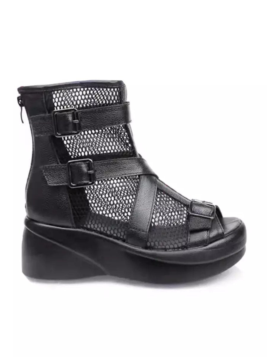 Mesh Leather Buckle Women's Sandal Boots