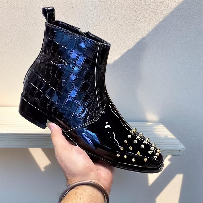 Punk Studded Patent Leather Men's Boots