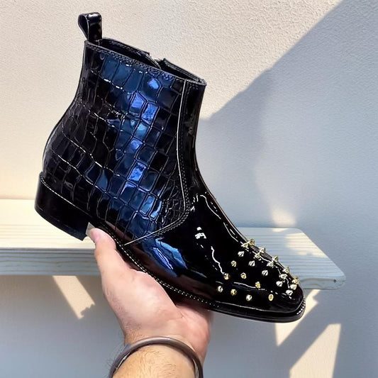 Punk Studded Patent Leather Men's Boots